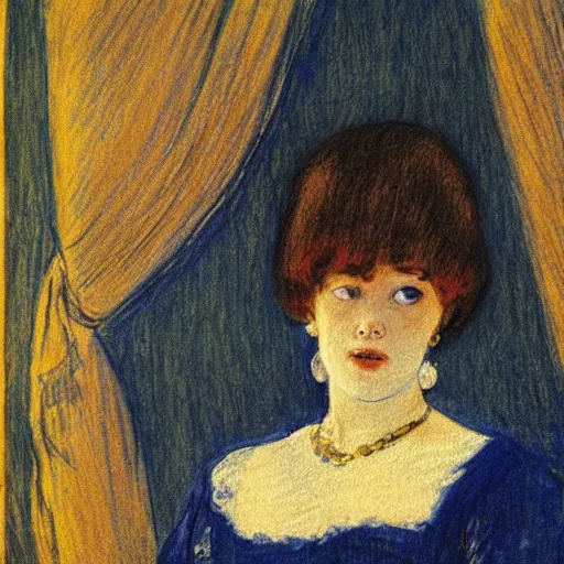 Prompt: a girl in a blue and gold ivory room, film still by goya, by henri de toulouse - lautrec, elegant drawing, digital painting, jugendstil, art noveau, strong lights, flat colors, pastel colors, art history, 8 k