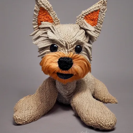 Image similar to a closeup photorealistic smiling knitted plush yorkshire terrier.