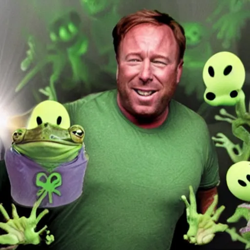 Image similar to Alex Jones becomes a frog during a bad salvia trip, Luigi's haunted mansion