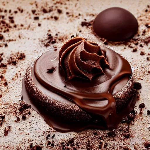 Image similar to extremely delicious looking photo of desert with melted chocolate, expensive top quality product, most perfect chocolate on the world, small manufacture, unique style, 8 k, product photography, professional studio photography