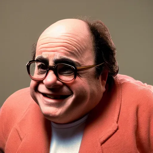 Image similar to closeup Danny DeVito dressed as kirby, round pink character, by Steve McCurry and David Lazar, natural light, detailed face, CANON Eos C300, ƒ1.8, 35mm, 8K, medium-format print