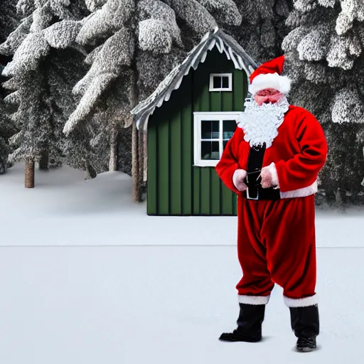 Prompt: santa standing outside a snow - covered cottage, in the style of jenny nystrom