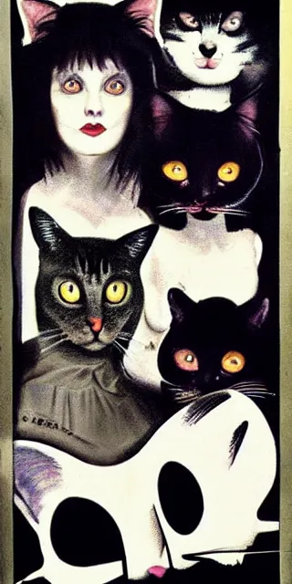 Prompt: Movie poster for a horror film about cats in goth clothes, 1985