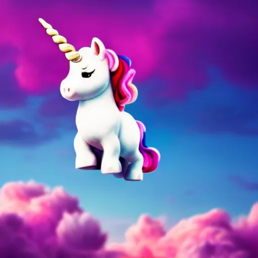 Image similar to very cute and tiny unicorn cat on Dahlia flower flying atop pink clouds, sky background, pixar style, cinematic lightning, award winning creature photography