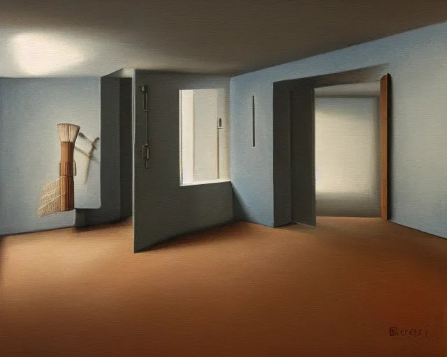 Image similar to a painting of a confusing minimalistic room, an airbrush painting by breyten breytenbach, cgsociety!, neo - primitivism