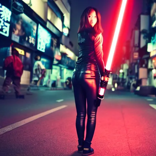 Prompt: wide angle photo of a girl in tight leather clothes holding a red lightsaber in tokyo street, night, cinematic