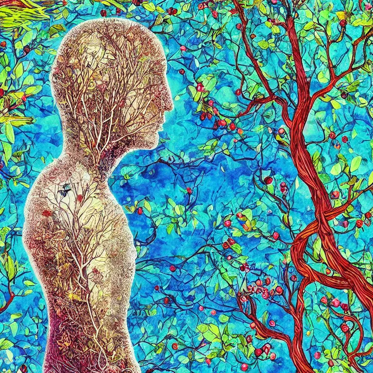 Image similar to human with the sea and the forest inside, veins diverge through the body like rivers filmed on a satellite, a person is decorated with wild berries, a beautiful bird is looking at him next, colorful picture