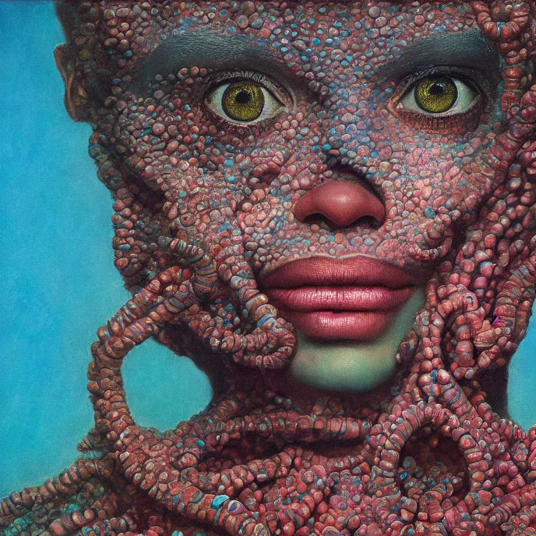 Image similar to Hyperrealistic intensely colored close up studio Photograph portrait of a deep sea bioluminescent Zendaya, symmetrical face realistic proportions eye contact golden eyes, Smiling in a coral reef underwater, award-winning portrait oil painting by Norman Rockwell and Zdzisław Beksiński vivid colors high contrast hyperrealism 8k