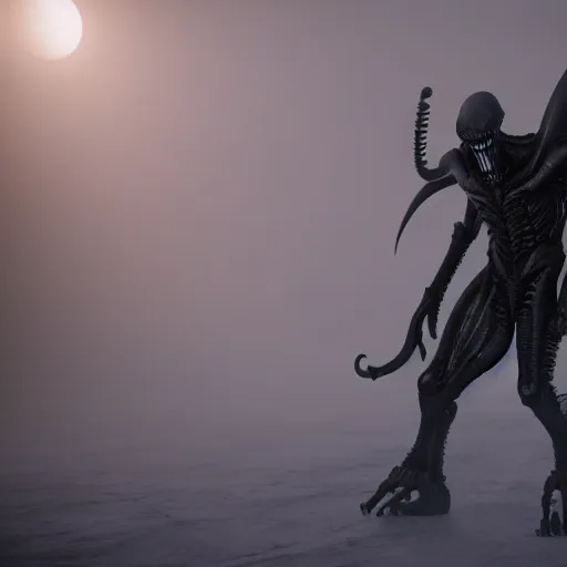 Image similar to full shot of angry darkness alien xenomorph at moonlight, snowing, detailed, unreal engine 4k volumetric light, fog,