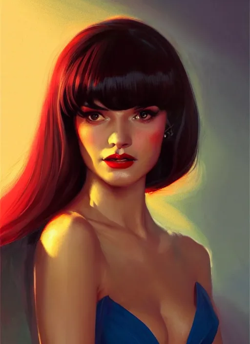 Image similar to portrait of veronica lodge with bangs, 1 9 6 0 s, long hair, red clothes, bangs, intricate, elegant, glowing lights, highly detailed, digital painting, artstation, concept art, smooth, sharp focus, illustration, art by wlop, mars ravelo and greg rutkowski