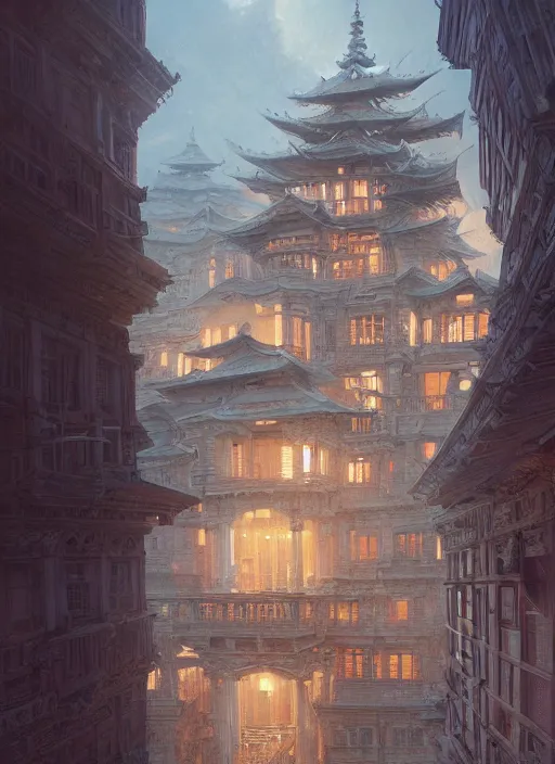 Image similar to a building with a very complicated architecture by mikyoung kim, very detailed, intricate details, complimentary colors, perfect lighting, perfect composition, aesthetic, masterpiece, award winning, artstation, darek zabrocki, greg rutkowski, artgerm, 4 k