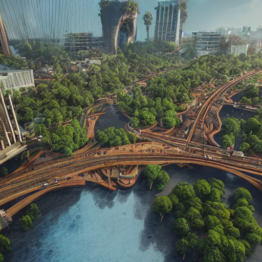 Image similar to a humongous civilization of naturists, cinematic, flowers, bridges, malls, shops, city, people, houses, wet reflections, unreal engine 5, octane, smooth, ray tracing, hyper detailed, hyper realism, fantasy, trending on artstation, behance, deviantart