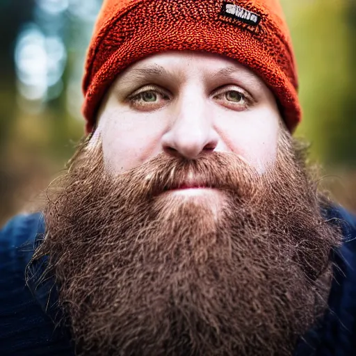 Image similar to A bearded wizard with an orange beanie, (EOS 5DS R, ISO100, f/8, 1/125, 84mm, postprocessed, crisp face, facial features)