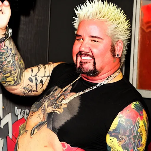 Image similar to guy fieri showing off his tattoo of guy fieri on his chest