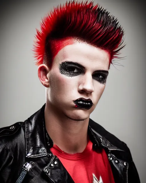 Prompt: young man with a short red dyed mohawk, red eyes and a slim face, dressed in punk clothing, headshot, attractive, handsome, in color, no makeup, model, realism art