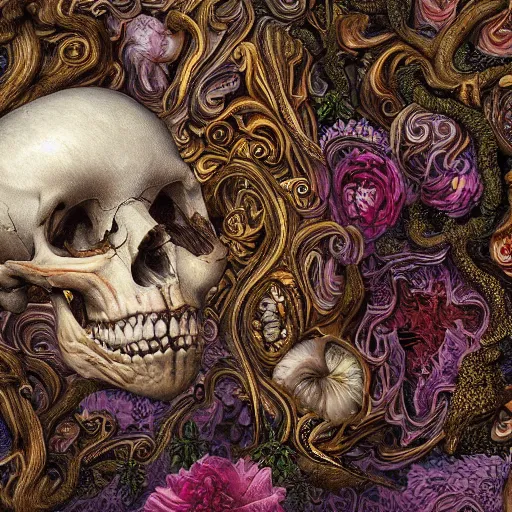 Image similar to a beautiful detailed rococo photo of a rotten woman corpse becoming almost a skull with face muscles, veins, arteries, fractal plants and fractal flowers and mushrooms growing around, intricate, ornate, volumetric light, beautiful lit, beetlejuice