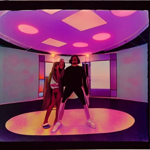 Image similar to first-person perspective view of three people wearing discowear having a party inside of a 1970s luxury bungalow with a rectangular infinity mirror on the wall, at dusk, ektachrome photograph, f8 aperture