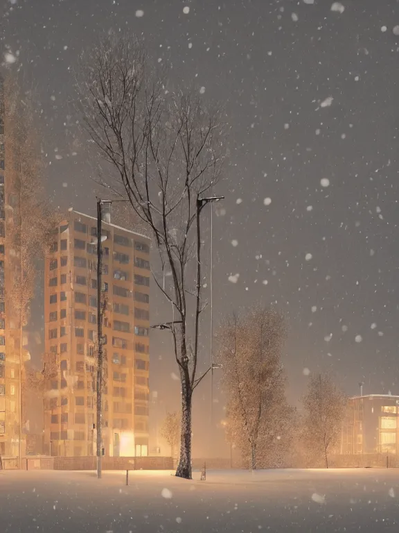 Image similar to film still of tiny soviet residential building, residential suburb area, lights are on in the windows, deep dark night, cozy atmosphere, cold winter, snowing, streetlamps with orange light, volumetric light, several birches nearby, elderly people stand at the entrance to the building, mega detailed, unreal render