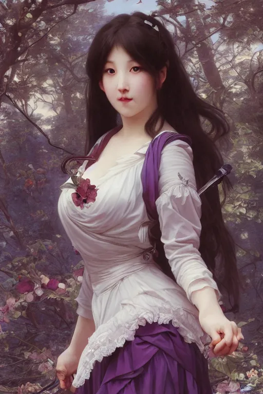 Prompt: Full View lovely maiden with the likeness of Eunha from Viviz and gFriend wearing a purple military uniform and puffy silk shots. masterpiece 4k digital illustration by Ruan Jia and Mandy Jurgens and Artgerm and william-adolphe bouguereau, award winning, Artstation, art nouveau aesthetic, Alphonse Mucha background, intricate details, realistic, panoramic view, Hyperdetailed, 8k resolution, intricate art nouveau