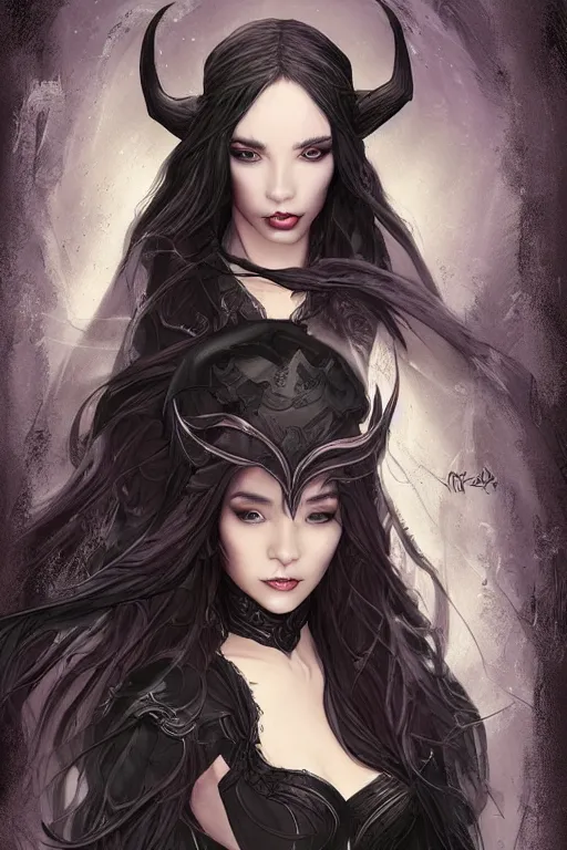 Prompt: elf sorceress character portrait wearing black silk looking over one shoulder, concept art, intricate details, highly detailed photorealistic portrait in the style of adam hughes, seseon yoon, artgerm and warren louw