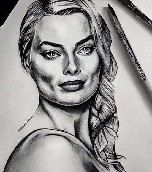 Image similar to tattoo design sketch of margot robbie and beautiful mountain scenery mash up, in the style of maaika de jong, surrealist, amazing detail, sharp