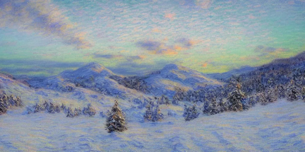 Image similar to Scenic beautiful snowy landscape of snowy hills, pastel vivid sky, hyper realistic, detailed, by Ivan Choultsé and Monet, trending on Artstation, ethereal, noctilucent