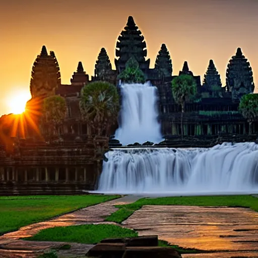 Prompt: angkor wat with water falls, sunset magic hour backlit photography