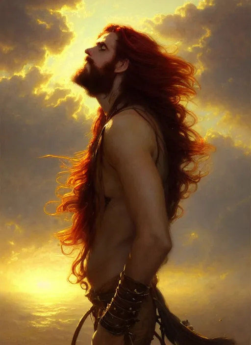 Image similar to portrait painting of a handsome rugged long hair crimson hair male pirate, soft hair steampunk ornate zeppelin in the sky sunset golden hour art by greg rutkowski gaston bussiere fantasy soft hair trending on artstation deviantart book cover art concept art key art dramatic volumetric lighting, 4 k, award winning