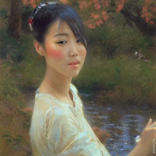 Prompt: elegant asian woman by the river, detailed face, correct face, painting by Gaston Bussiere, Craig Mullins