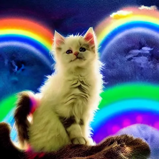 Prompt: of a very proud fluffy rainbow kitten howling at moon with a glowing rainbow aura