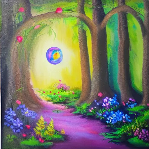 Prompt: secret hidden path in the forest leading to a portal to outerspace, prismatic weather, flowers, expressive oil painting