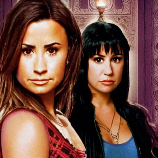 Image similar to close-up of Demi Lovato as Piper Halliwell and Selena Gomez as Phoebe Halliwell and Ariana Grande as Prue Halliwell in a Charmed movie directed by Christopher Nolan, movie still frame, promotional image, imax 35 mm footage