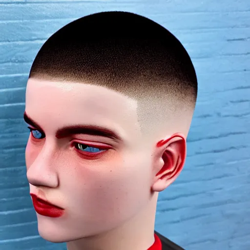 Prompt: red blue stripes attractive teenager buzz cut hunter eyes high - quality highly detailed photo realistic 8 k