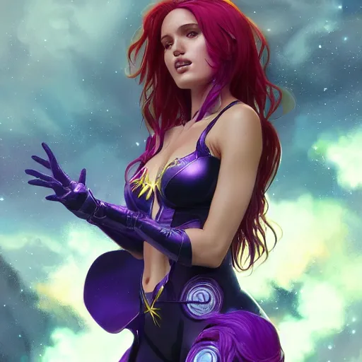 Image similar to ultra realistic illustration, bella thorne as starfire anime, intricate, elegant, highly detailed, digital painting, artstation, concept art, smooth, sharp focus, illustration, art by artgerm and greg rutkowski and alphonse mucha and wlop