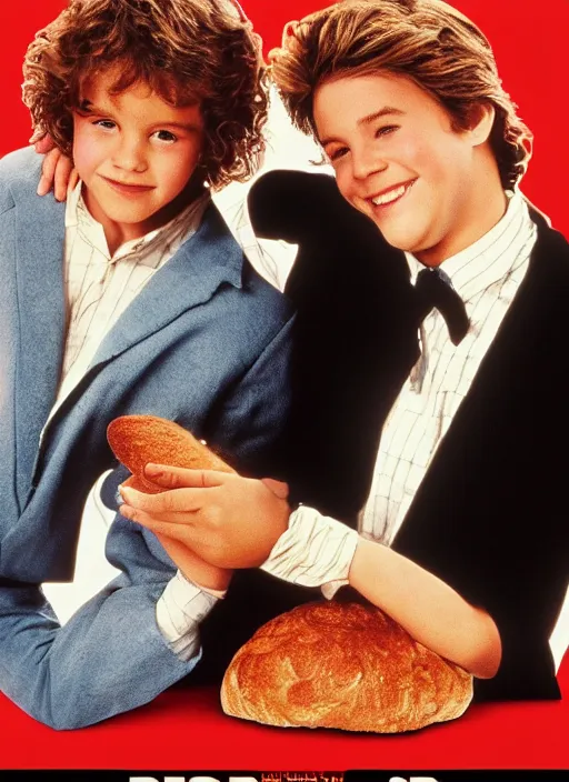 Image similar to a movie poster for a 1985 romantic comedy movie called Bread Boys, about two boys who bake bread, designed by John Alvin