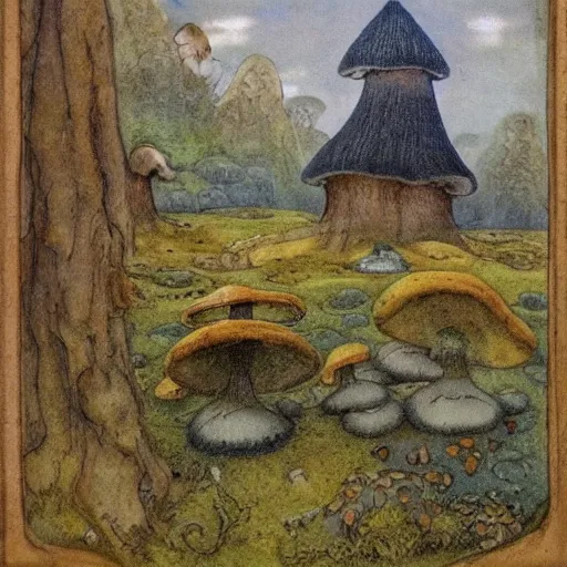 Prompt: a fairytale landscape with mushroom houses in the style of John Bauer