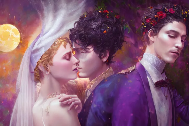 Image similar to a dreamlike cinematic portrait of wedding photograph close up moment of a divine a russia sun god and moon goddess lovers magician at a wedding banquet. portraiture. digital painting. artstation. concept art. fantasy wedding photo. digital painting, 8 k realistic, hyper detailed, violet evergarden art masterpiece by art by krenz cushart