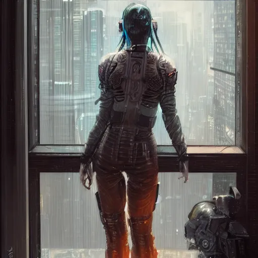 Image similar to portrait of cyberpunk woman looking out of a window, cyberpunk setting, futuristic, highly detailed, intricate lighting, digital painting, sharp focus, illustration, trending on artstation, art by krenz cushart.