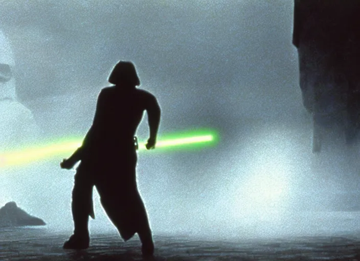 Image similar to epic still of Luke Skywalker using lightsaber against white robe female sith lord in foggy environment, approaching an ancient temple in the distance, iconic scene from the 1980s film directed by Stanley Kubrick, cinematic lighting, kodak film stock, strange, hyper real, stunning moody cinematography, with anamorphic lenses, crisp, detailed portrait, 4k image