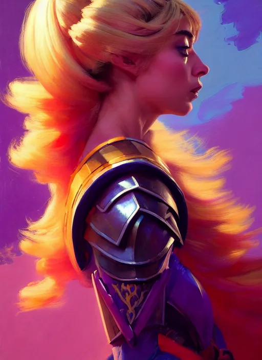 Image similar to side portrait, imogen poots, paladin, gloomhaven, colorful gaudy colors, luminescent, hard edges, bloom, organic painting, by greg manchess, huang guangjian, gil elvgren, greg rutkowski, jesper ejsing, magali villeneuve, artgerm, ilya kuvshinov