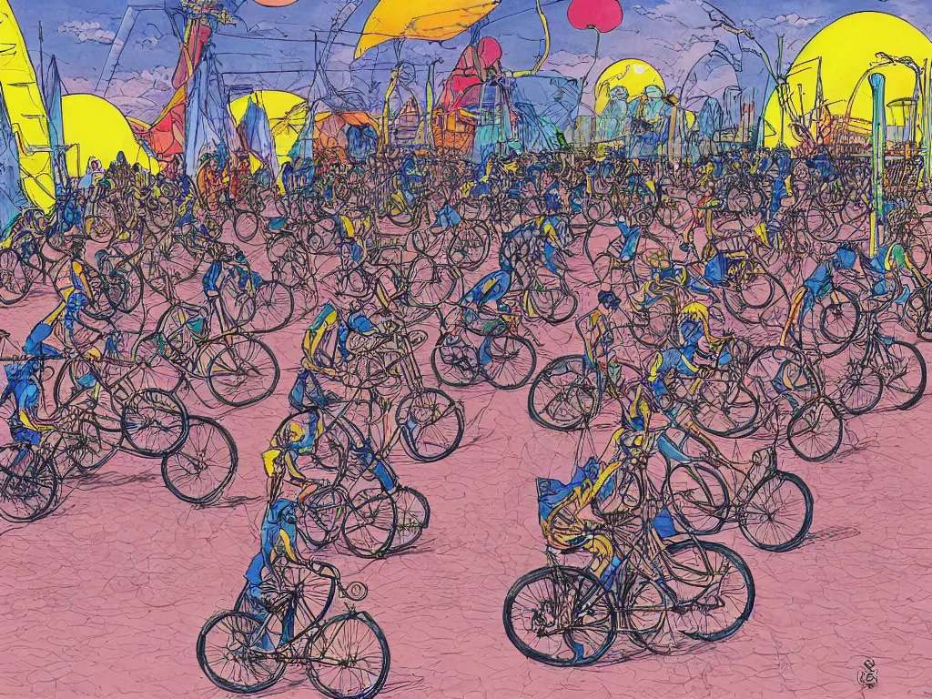 Prompt: masked riders on very large bicycles playing bike polo, sport, in style of moebius, by jean giraud, highly detailed, harsh daylight, colorful