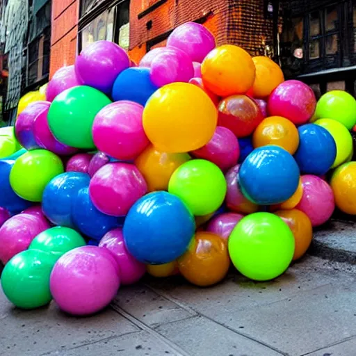 Image similar to millions of colorful bouncy balls are bouncing the streets of new york city