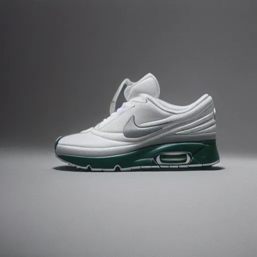 Prompt: a studio photoshoot of A Nike air max sneaker designed by Dieter Rams, Fear or God, realistic, color film photography by Tlyer Mitchell, 35 mm, graflex