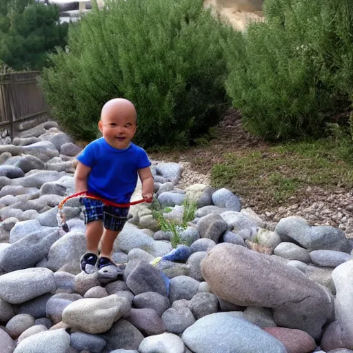 Image similar to the rock walking his pet rock on a leash. he is walking on rocks while rocking to some rock music.