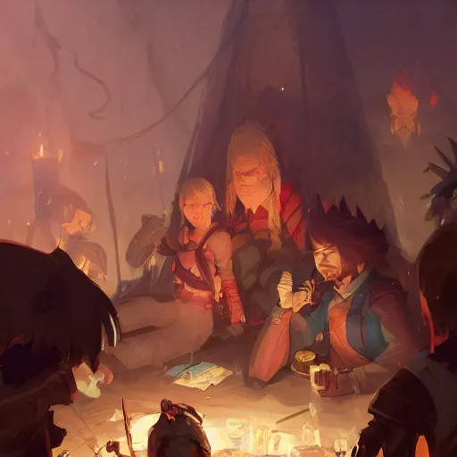 Image similar to A party of adventurers resting in camp at night, D&D, fantasy, digital painting, detailed, artstation, pixiv, Krenz Cushart, Greg Rutkowski