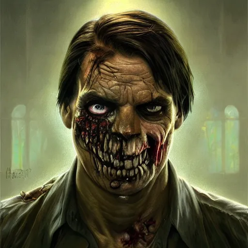 Image similar to ultra realistic illustration, jair bolsonaro as a rotting zombie, fantasy, intricate, horror, highly detailed, digital painting, artstation, concept art, sharp focus, illustration, art by artgerm and greg rutkowski and alphonse mucha