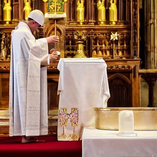 Prompt: ceremony of a soft ice ice cream on an altar during a latin rite catholic church service in a medieval cathedral