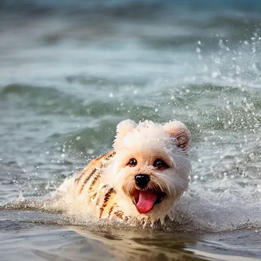 Image similar to a closeup photorealistic photograph of a cute smiling tiger bichon puppy splashing in the surf during sunset. professional capture, well lit shot. this 4 k hd image is trending on artstation, featured on behance, well - rendered, extra crisp, features intricate detail, epic composition and the style of unreal engine.