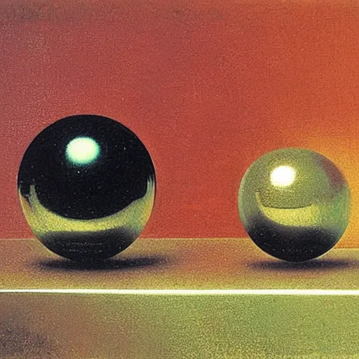 Prompt: chrome spheres on a red cube by martin johnson heade