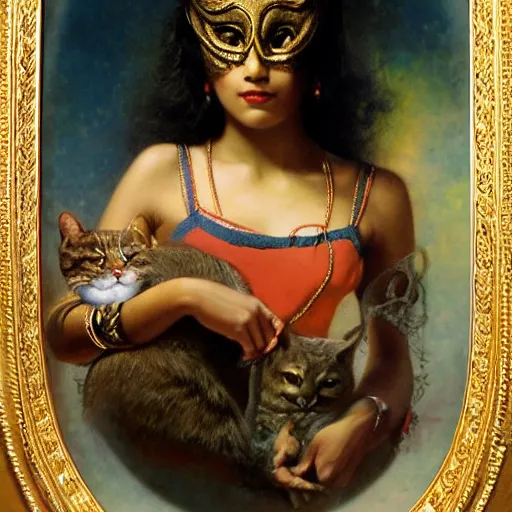 Image similar to detailed potrait 8 0 s srilankan girl with cat woman mask in baroque painting, girl graceful,, painting by gaston bussiere, craig mullins, j. c. leyendecker, lights, art by ernst haeckel, john william godward, hammershøi,,